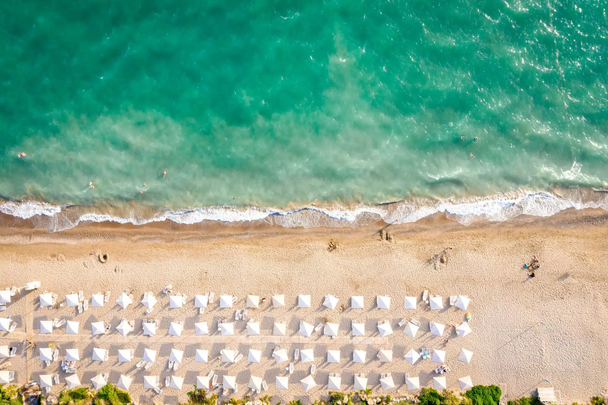 Brede zandstrook met witte parasols langs de helderblauwe kust van Belek